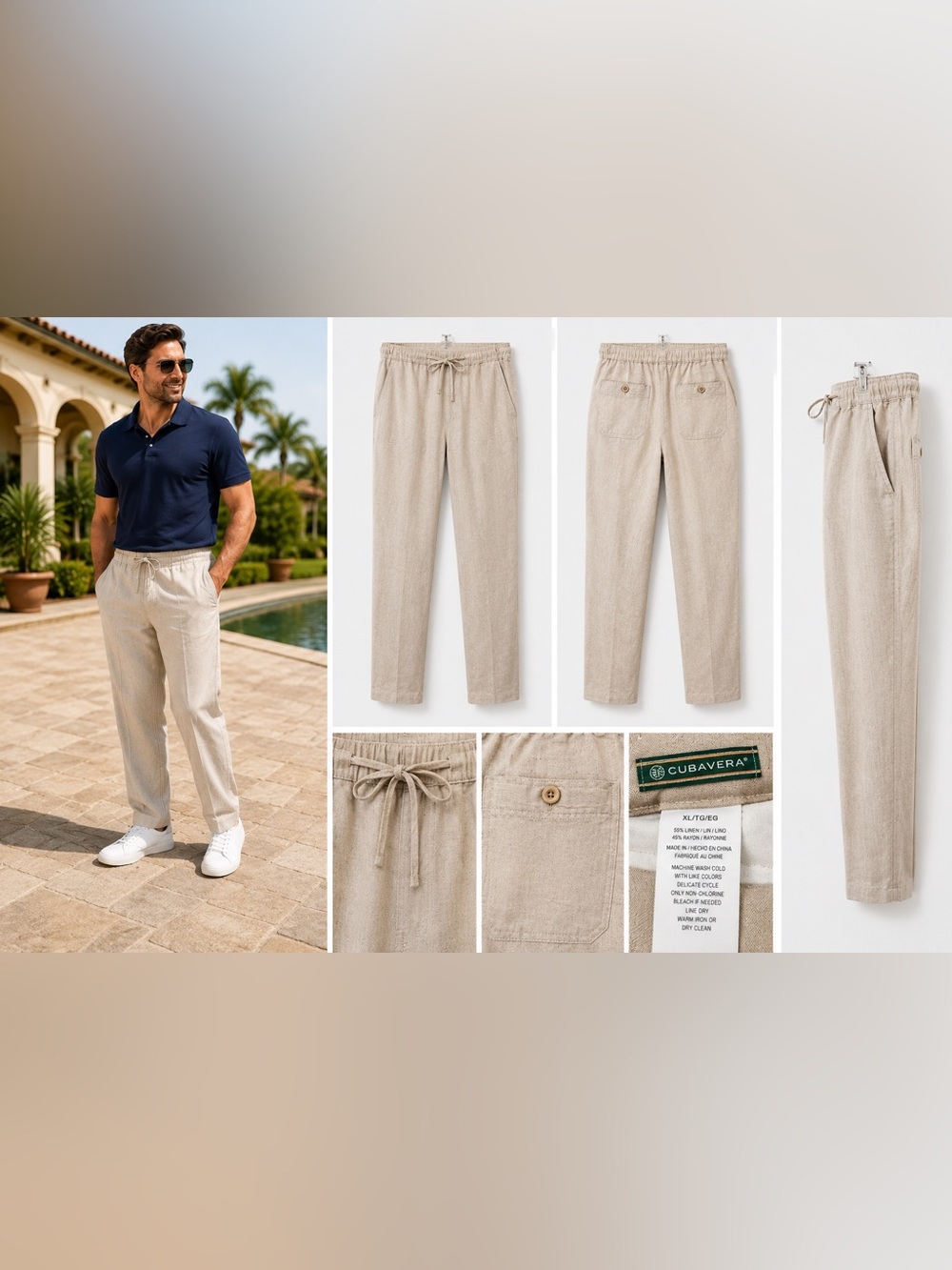 Cubavera Beige Drawstring Linen-Blend Chinos - Picture 2 of 5